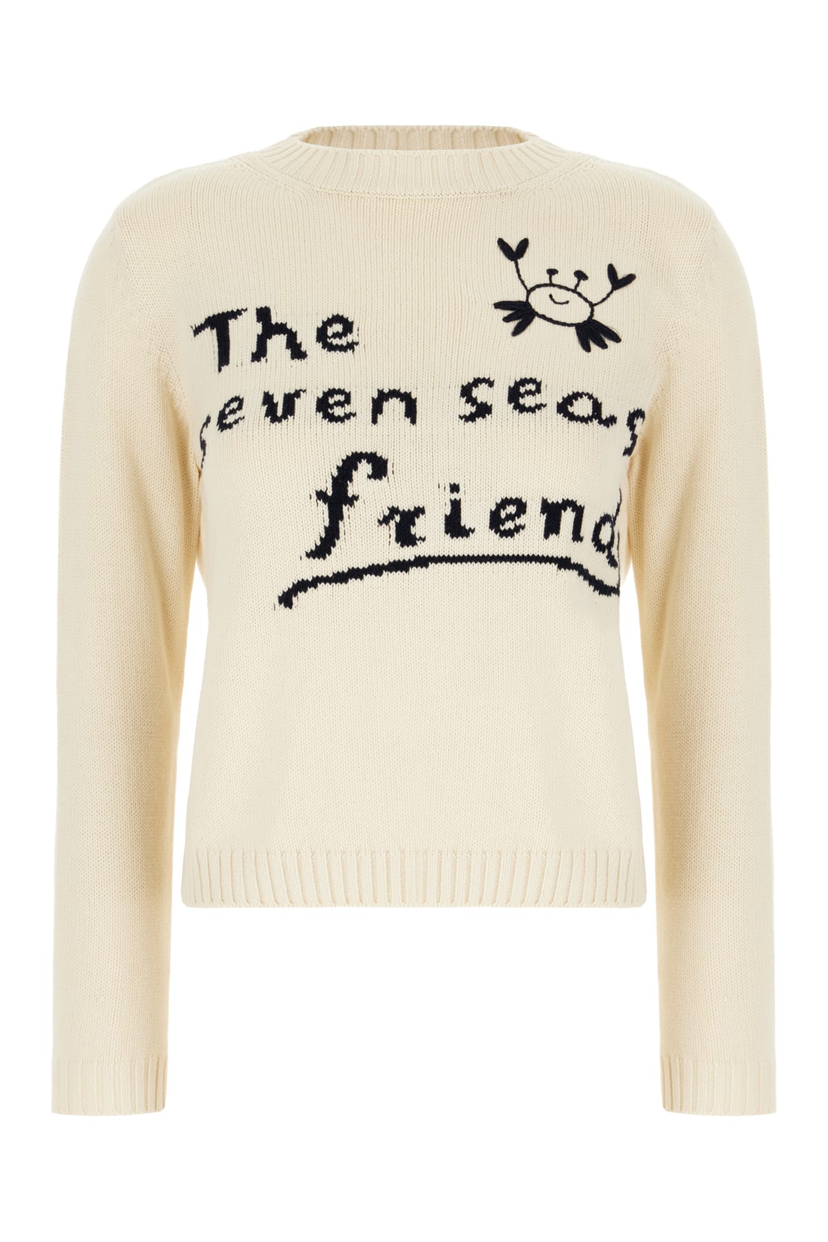Weekend Max Mara Max Mara Weekend Ivory Cotton Blend Sweater With Collection Motif Inlaid On The Fro In Neutral