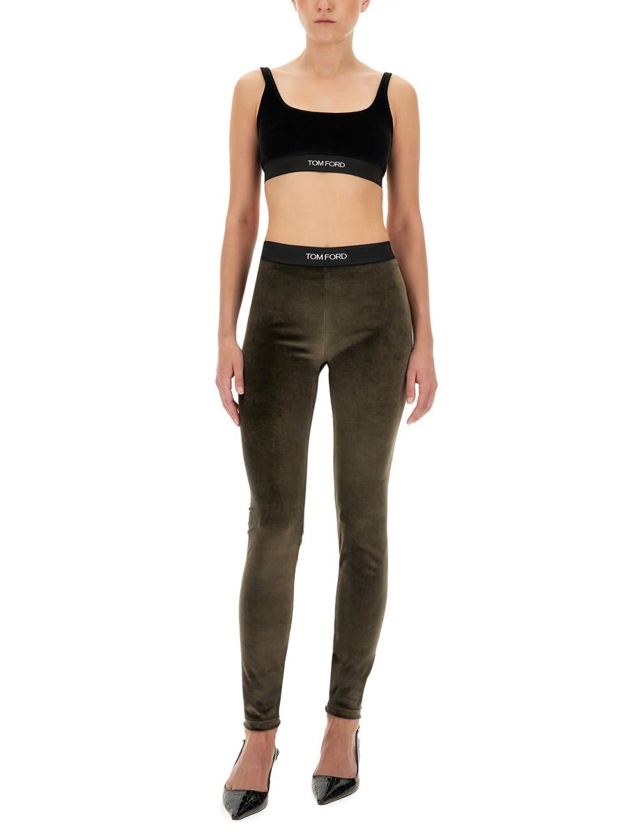 Shop Tom Ford Stretch Lustrous Velour Signature Leggings In Military Green