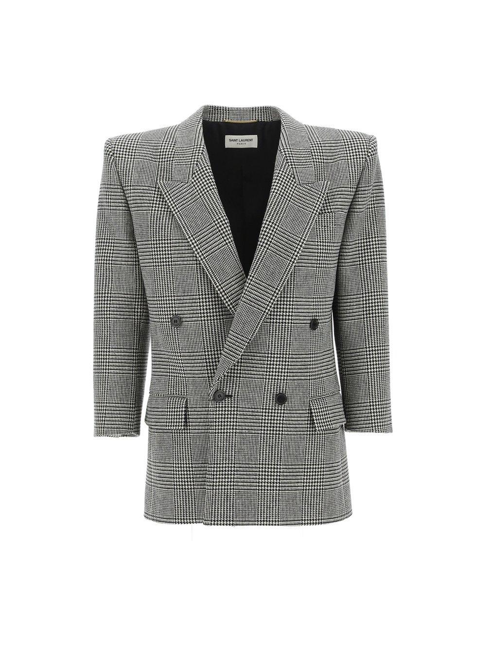 Saint Laurent Double-breasted Long-sleeved Blazer In Multicolor