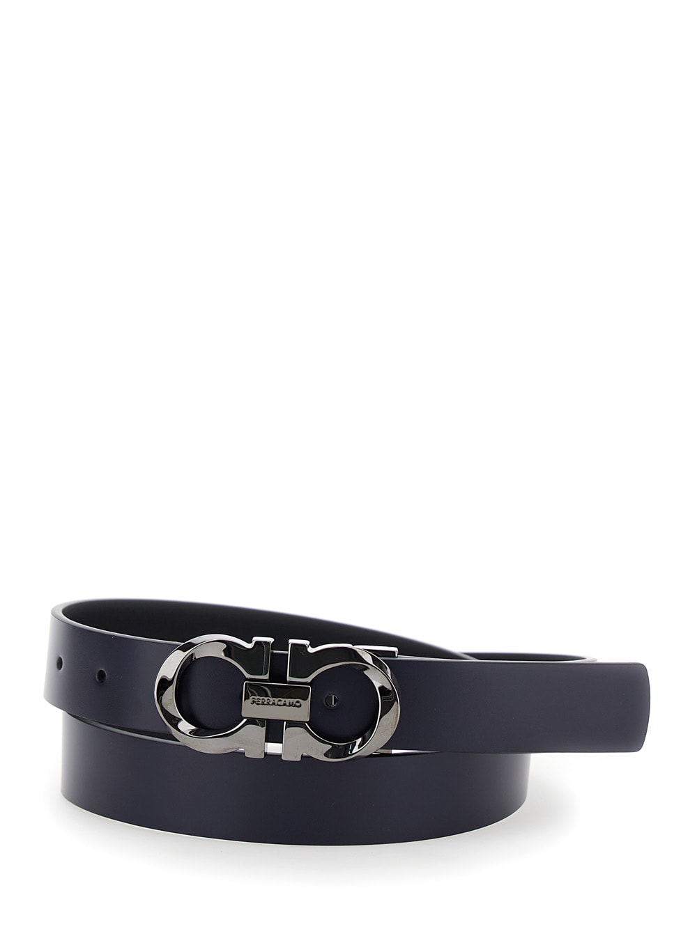 Shop Ferragamo Black And Blue Reversible Belt With Gancini Buckle In Leather Man In Midnight/nero