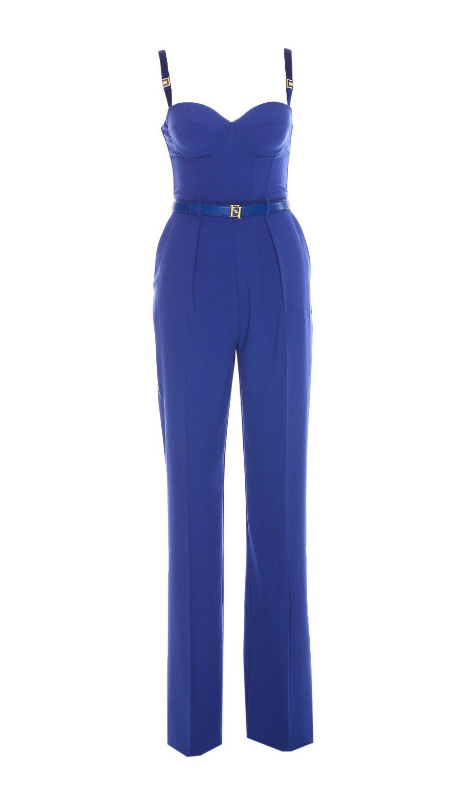 Shop Elisabetta Franchi Heart Neck Logo Buckle Jumpsuit In Blue Indaco