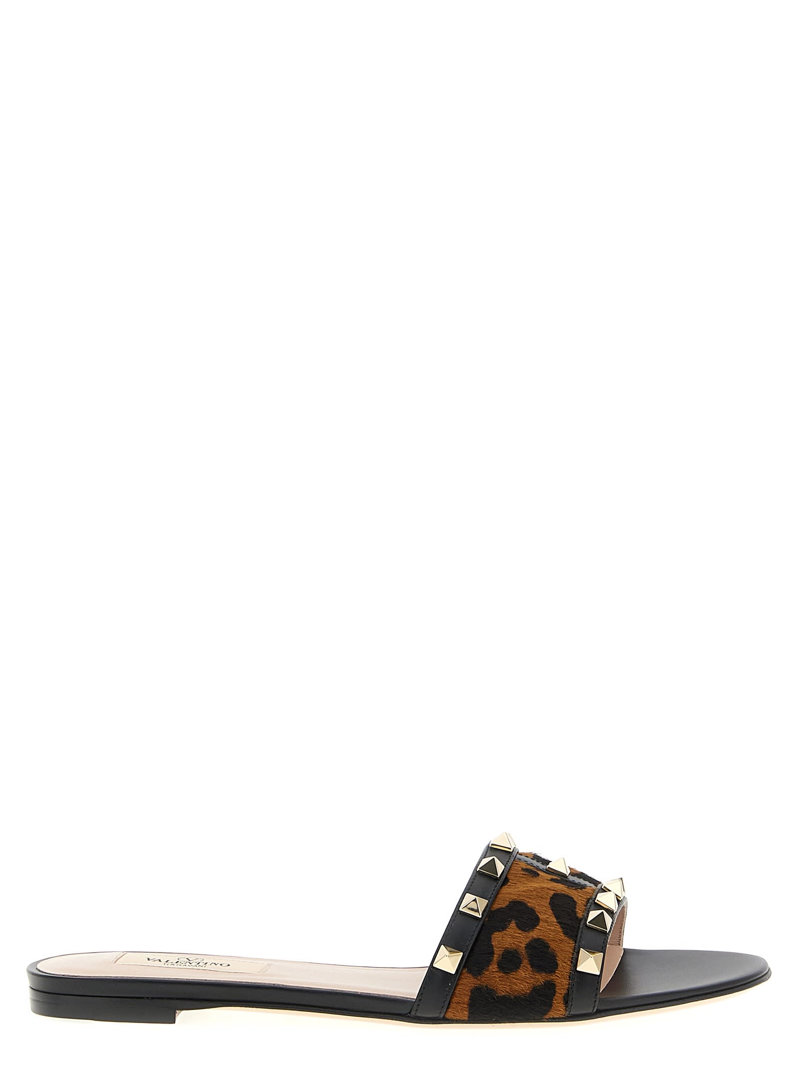 Valentino Rockstud Animal Print Flat Slides In Brown