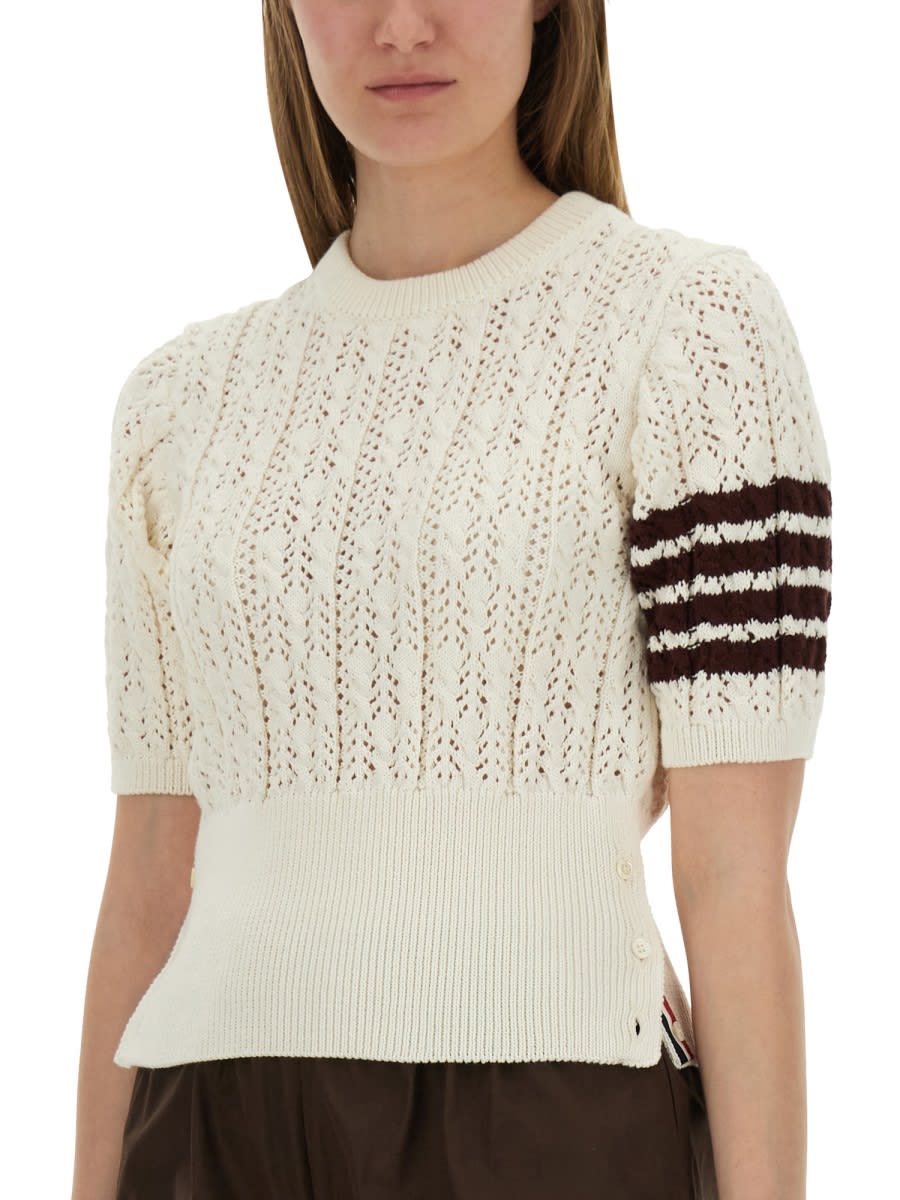 Thom Browne Womens White Pointelle Cable-knit Cotton T-shirt
