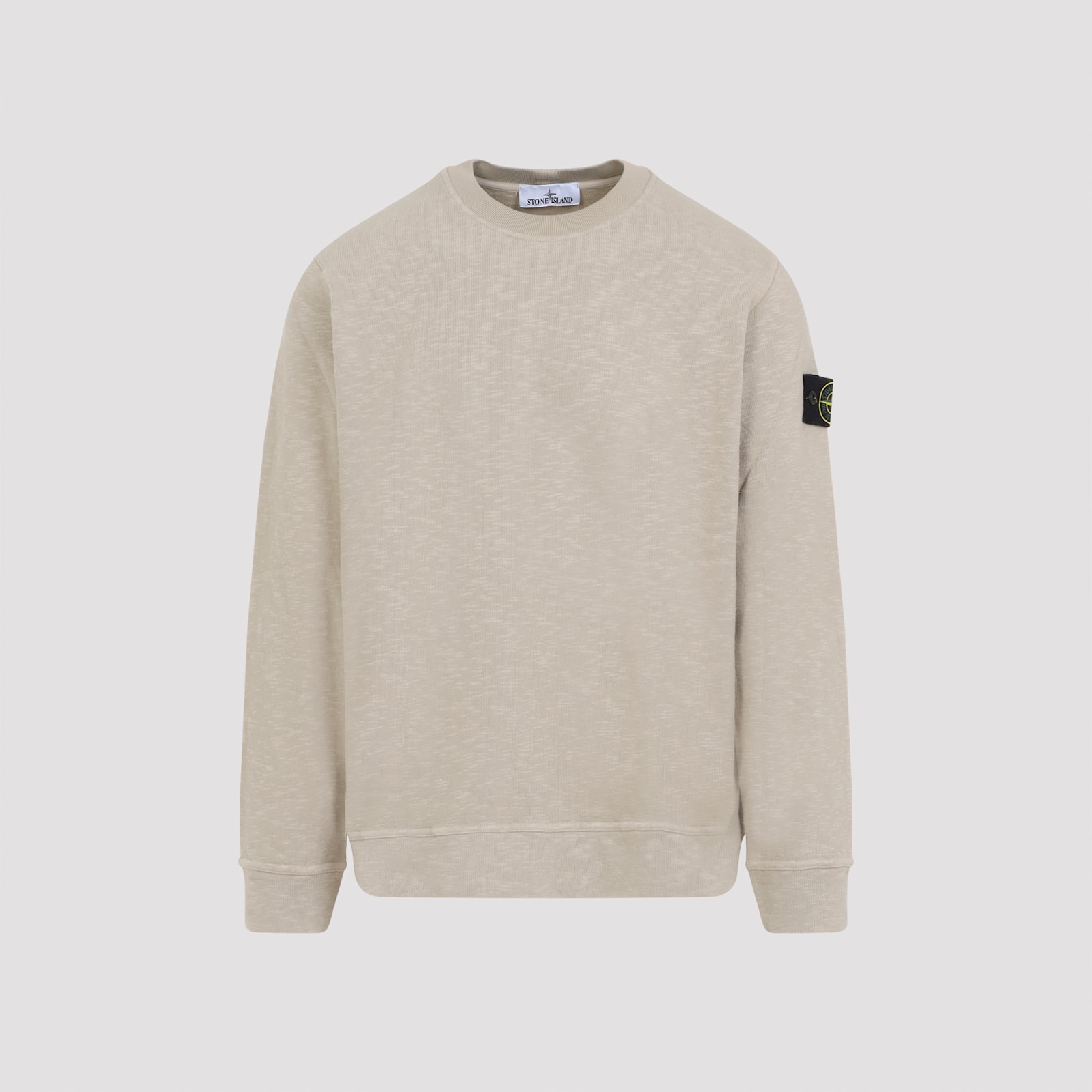 Stone Island Beige Cotton Sweatshirt With Signature Patch And Ribbed Edges In Brown
