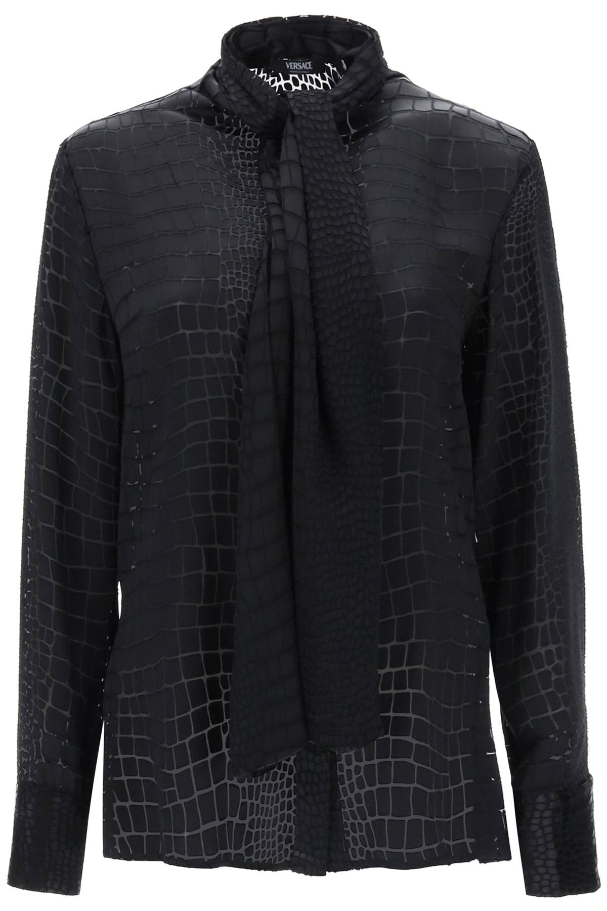 Versace Crocodile Effect Tie-neck Shirt In Black