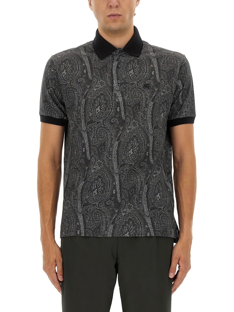 Etro Printed Cotton Polo In Gray