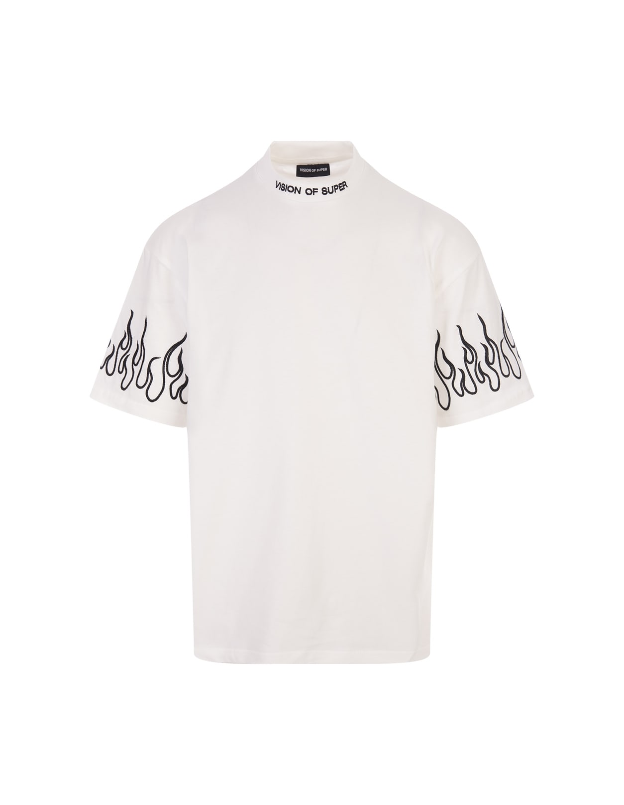VISION OF SUPER WHITE T-SHIRT WITH EMBROIDERED BLACK FLAMES