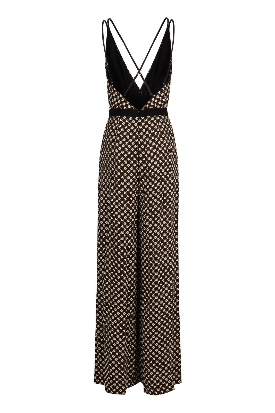 Elisabetta Franchi Black Pattern Jumpsuit With Rear Crossover Neck In Nero-burro