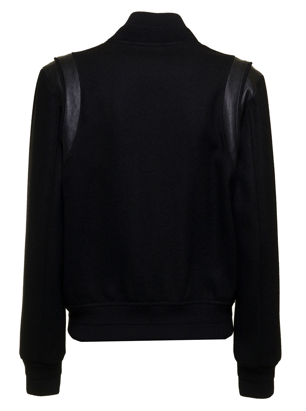 Shop Saint Laurent Womans Versity Black Wool And Leather Bomber Jacket