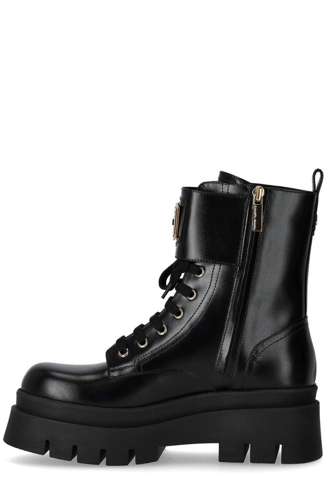 Shop Elisabetta Franchi Logo Plaque Combat Boots In Nero