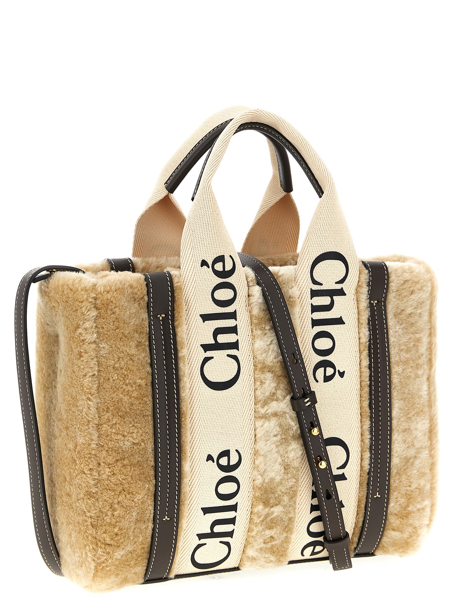 Chloé Small Woody Tote Bag In Shearling In Neutral