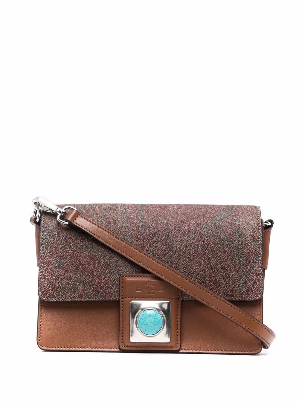 Etro Womans Brown Leather Paisley Printed Shoulder Bag