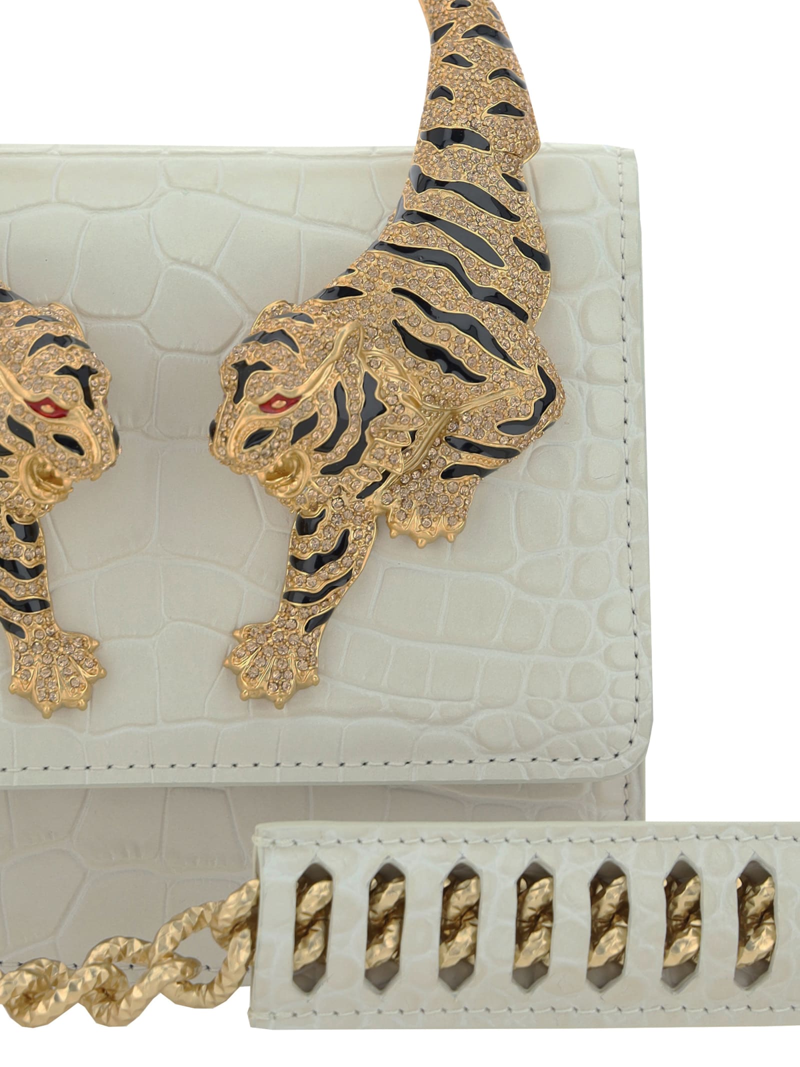 ROBERTO CAVALLI WHITE MEDIUM ROAR SHOULDER BAG WITH JEWELLED TIGERS 