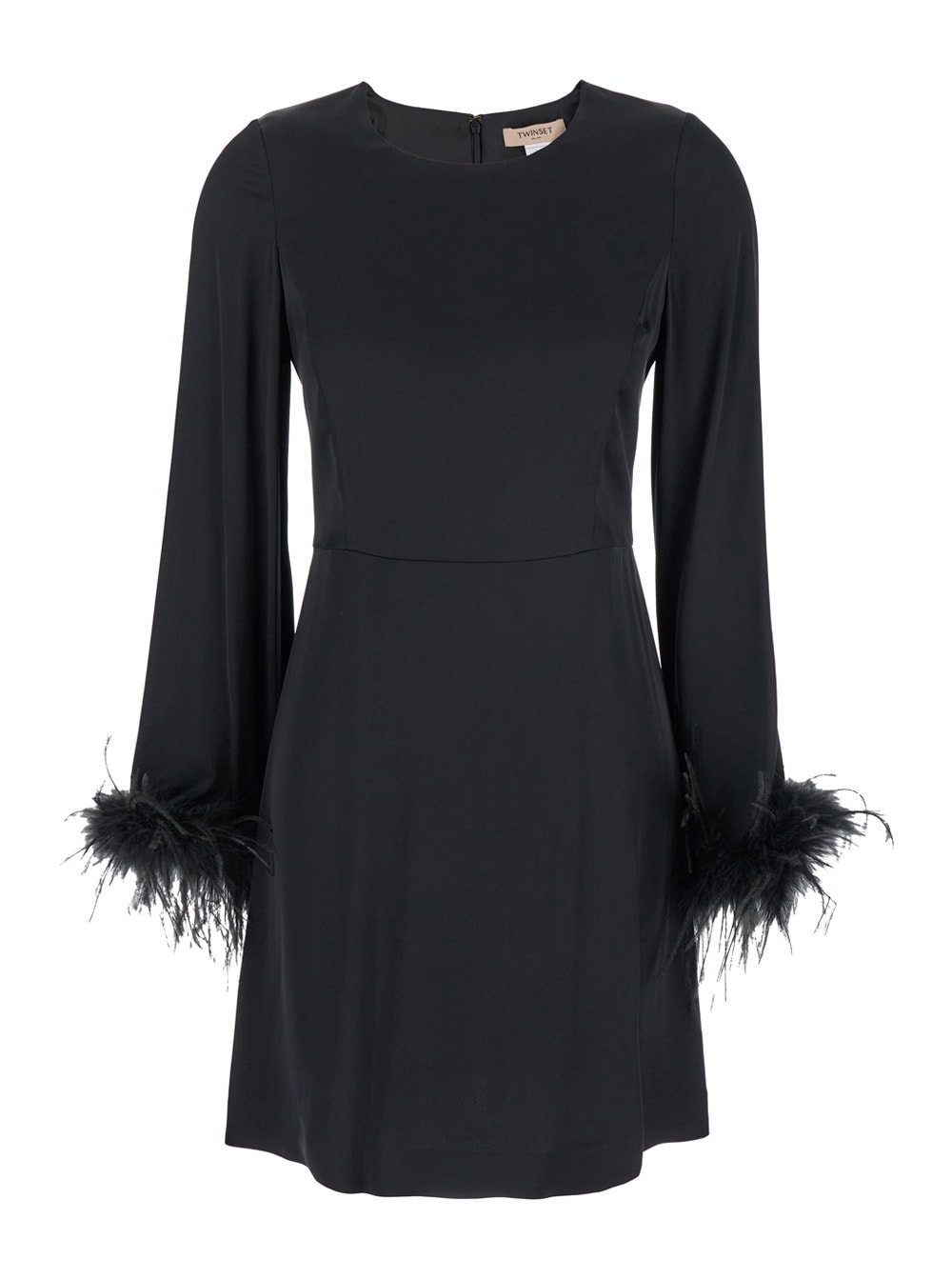 Black Crewneck Dress With Feathered Cuffs In Viscose Woman