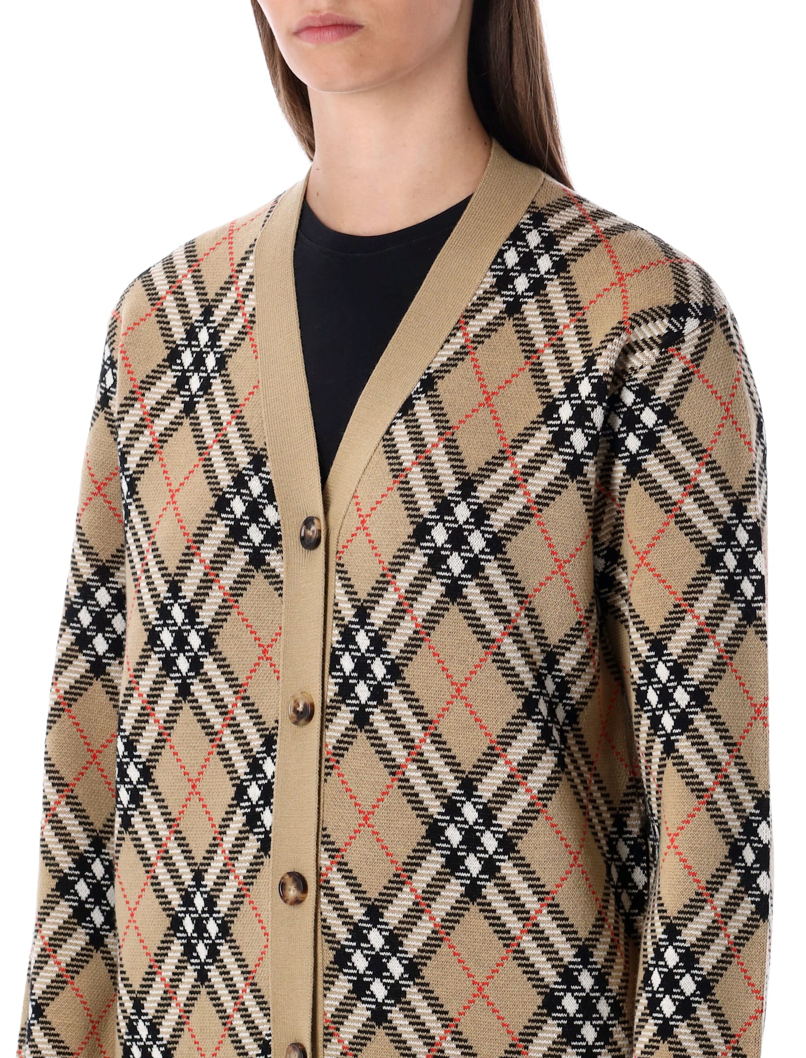 Burberry London Wool Blend Check Cardigan In Sand