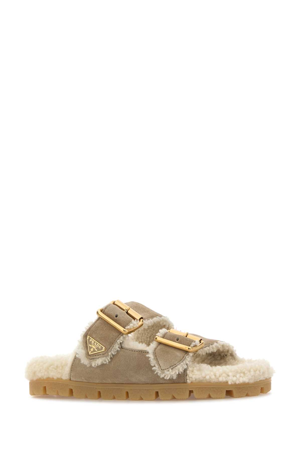 Prada Sand Suede Slippers In Brown