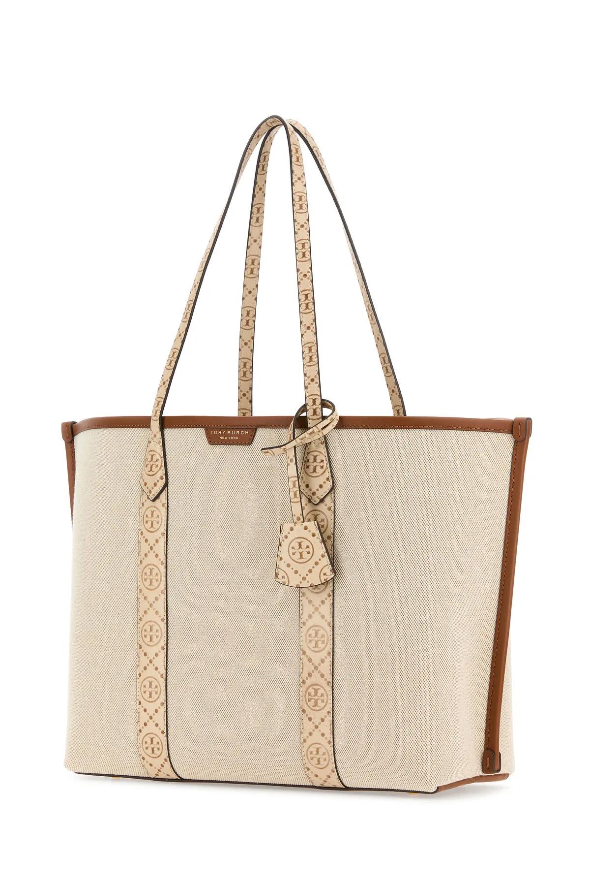 Shop Tory Burch Ivory Canvas Perry Shopping Bag In Beige
