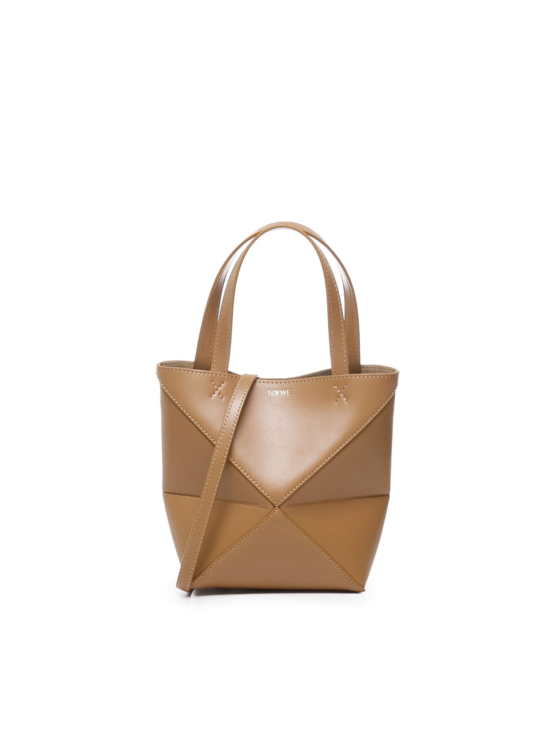 Shop Loewe Mini Puzzle Fold Tote In Shiny Calfskin In Warm Desert