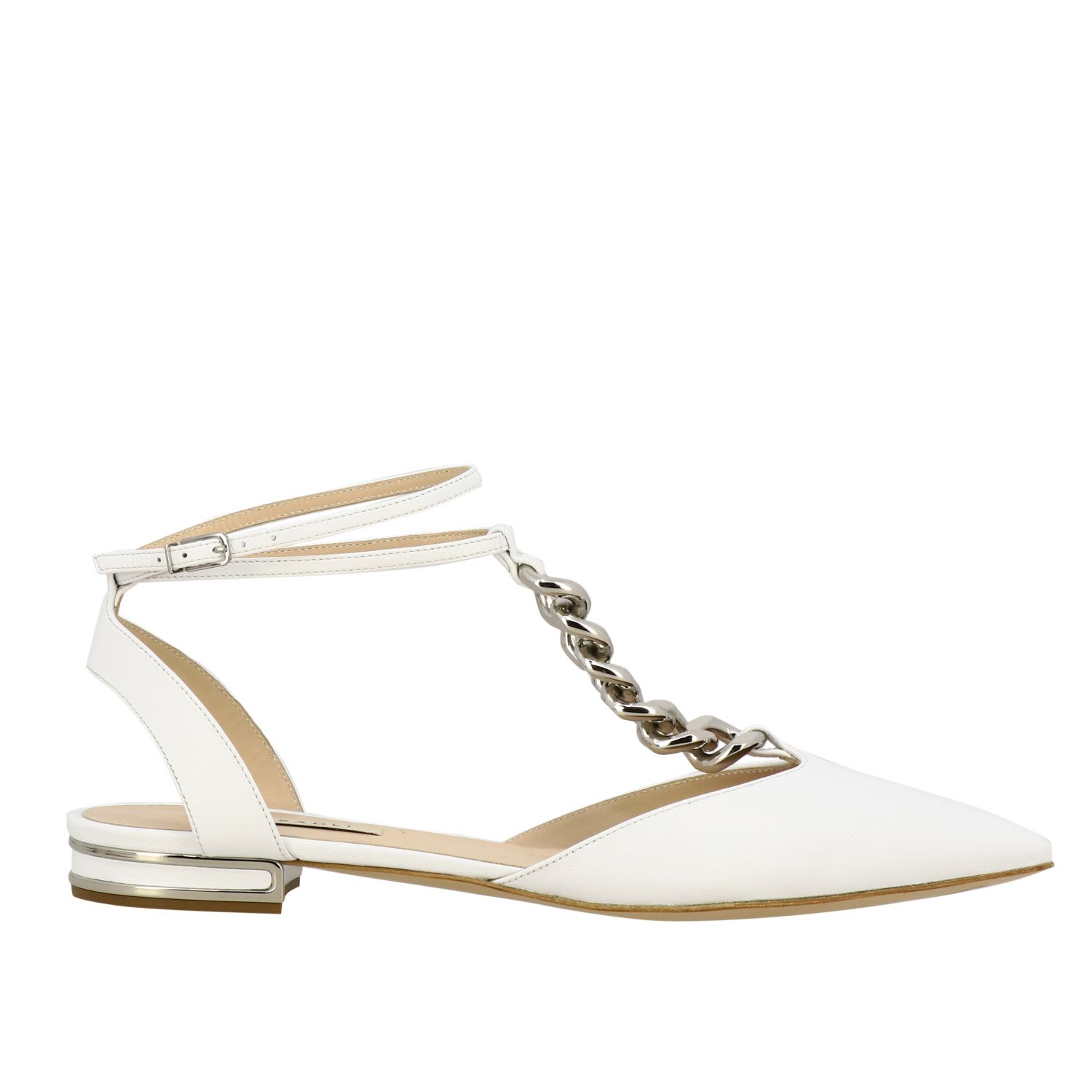 CASADEI UNCHAIN FLAT SANDAL IN LEATHER WITH CHAIN DETAIL,11230617