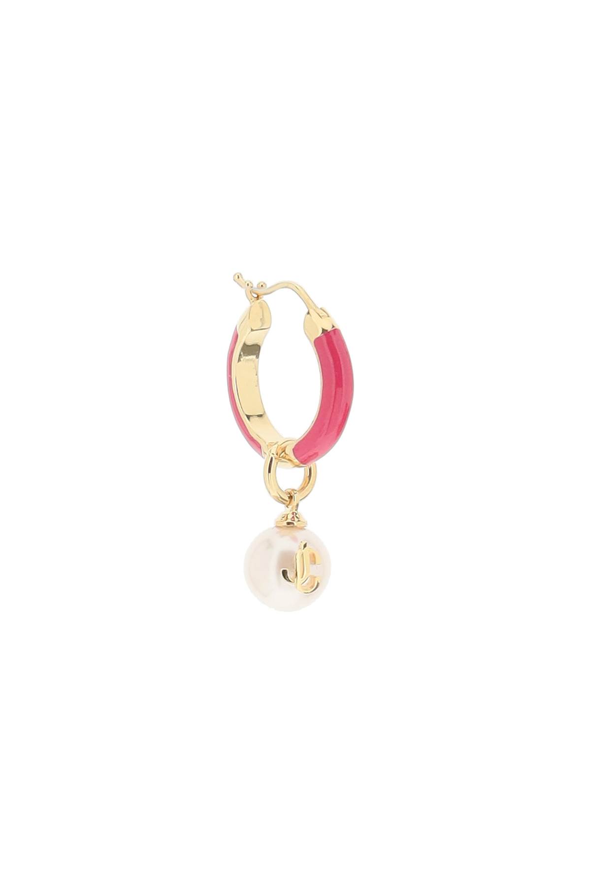 Shop Jimmy Choo Hoop Earrings With Pearls In Gold Fuchsia (white)