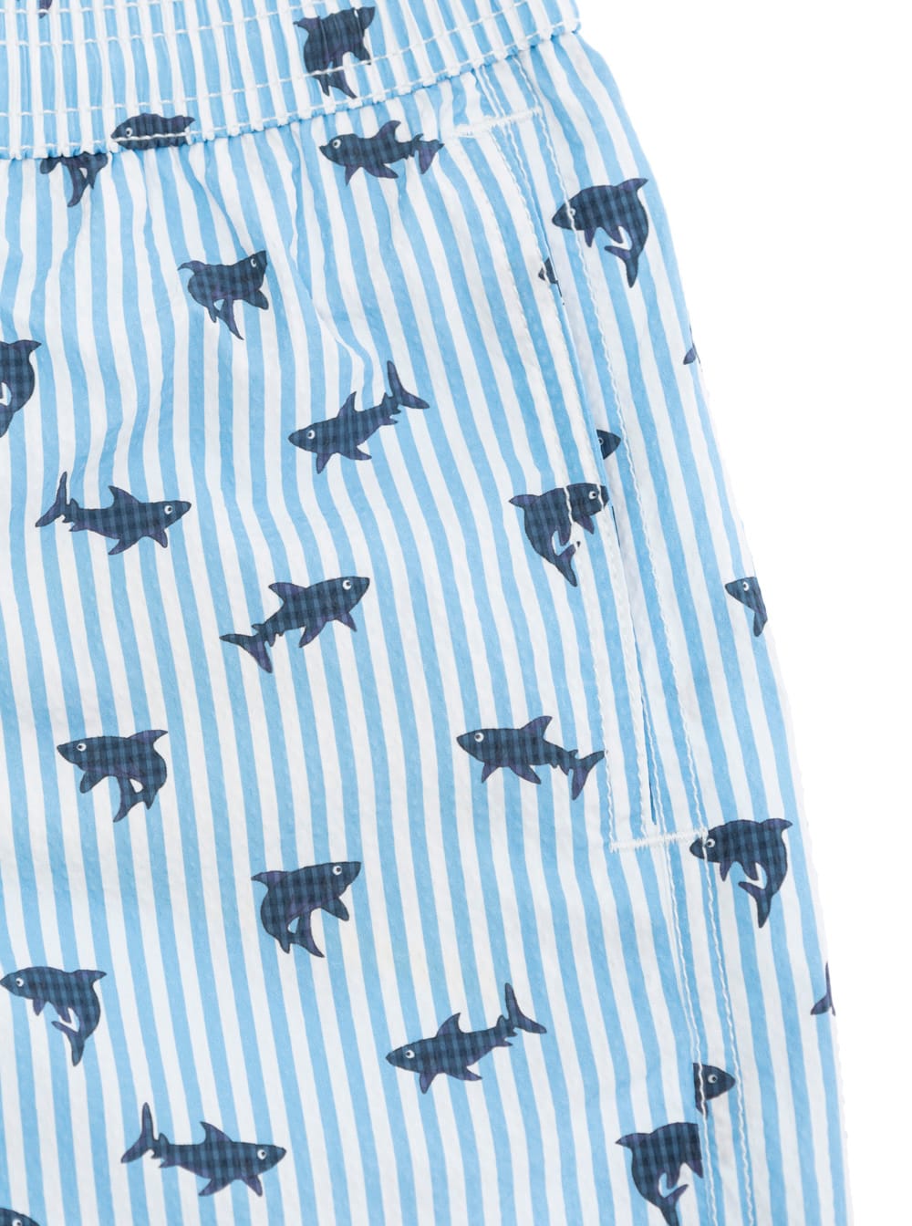 Mc2 Saint Barth Patmos Jr Light Blue Swim Shorts With Drawstring Elastic Waist And All-over Print In Tech Fabric Boy In Light Blue