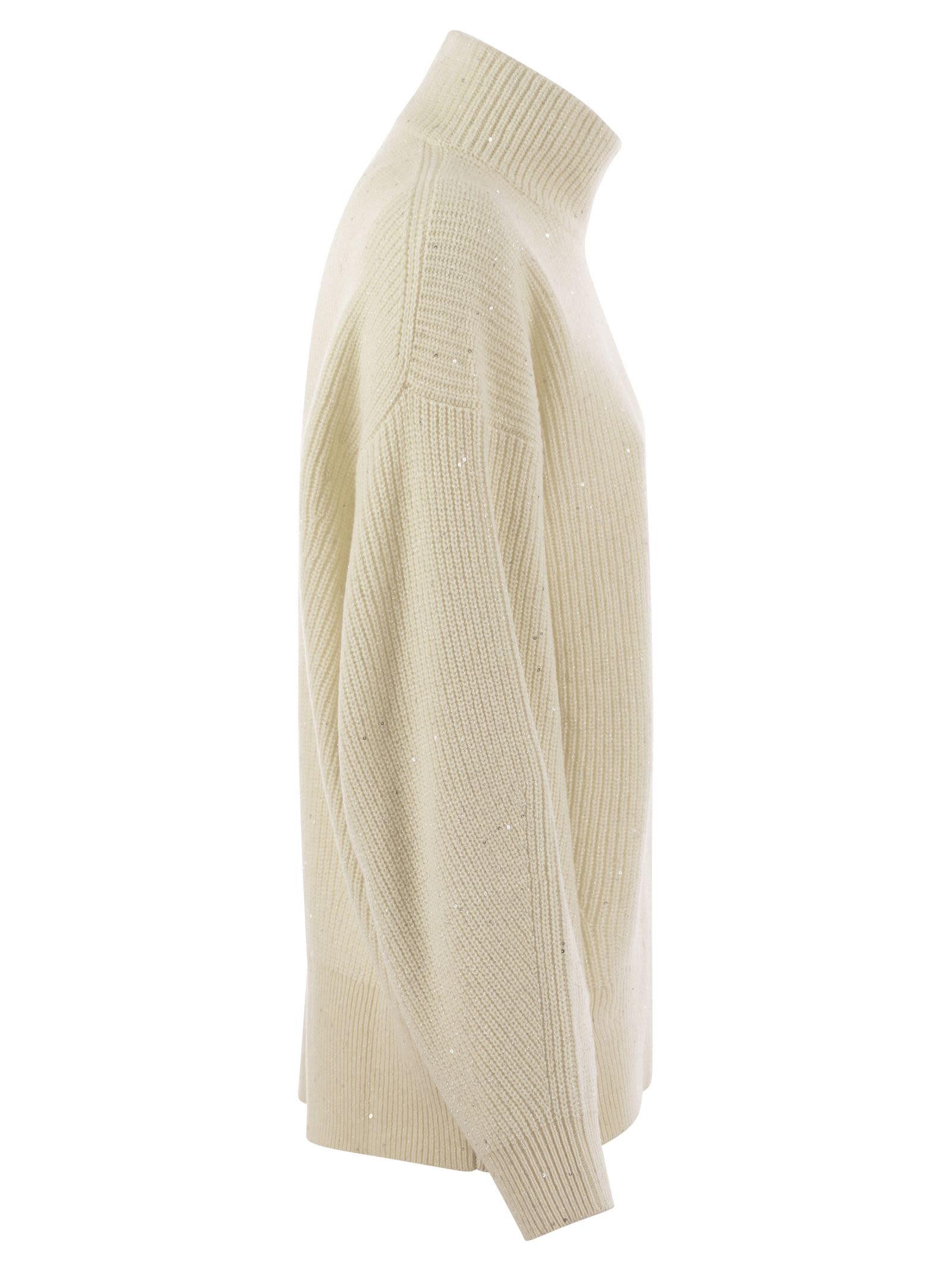 Shop Brunello Cucinelli Wool And Cashmere Rib Sweater With Sequins In Cream