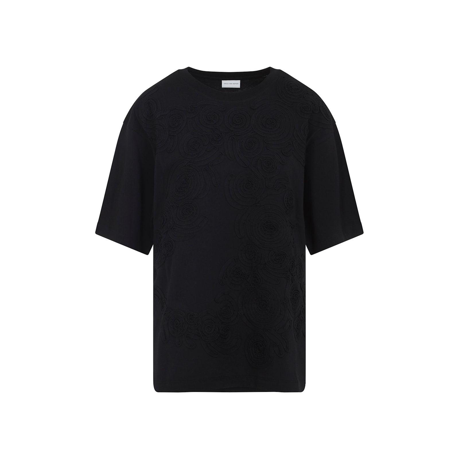 Dries Van Noten Black Short-sleeve T-shirt With Tonal Swirl Embroidery In Black