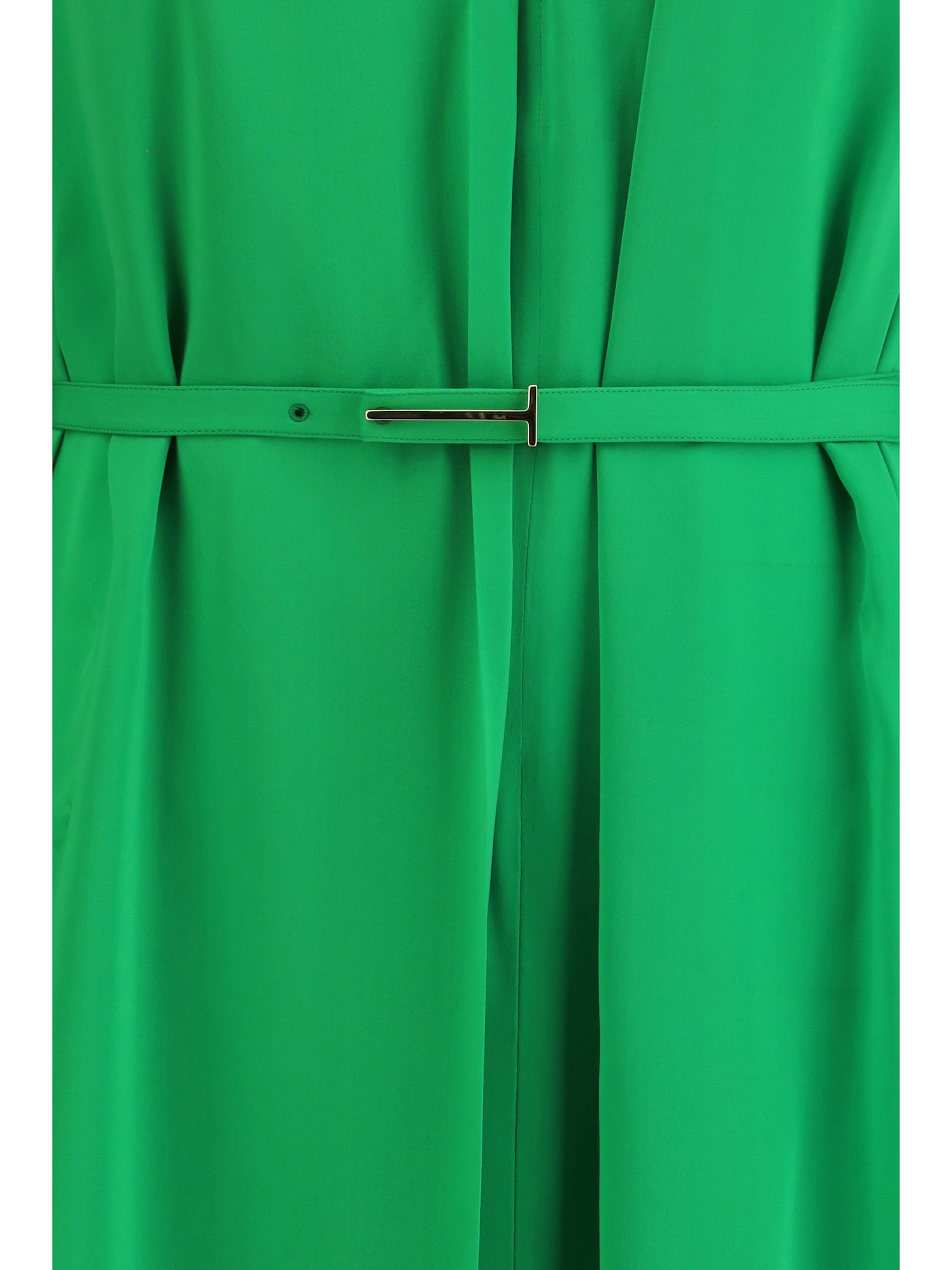Tom Ford Washed Silk Georgette Long Sleeve Draped Collar Belted Dress With Cut-out In Green