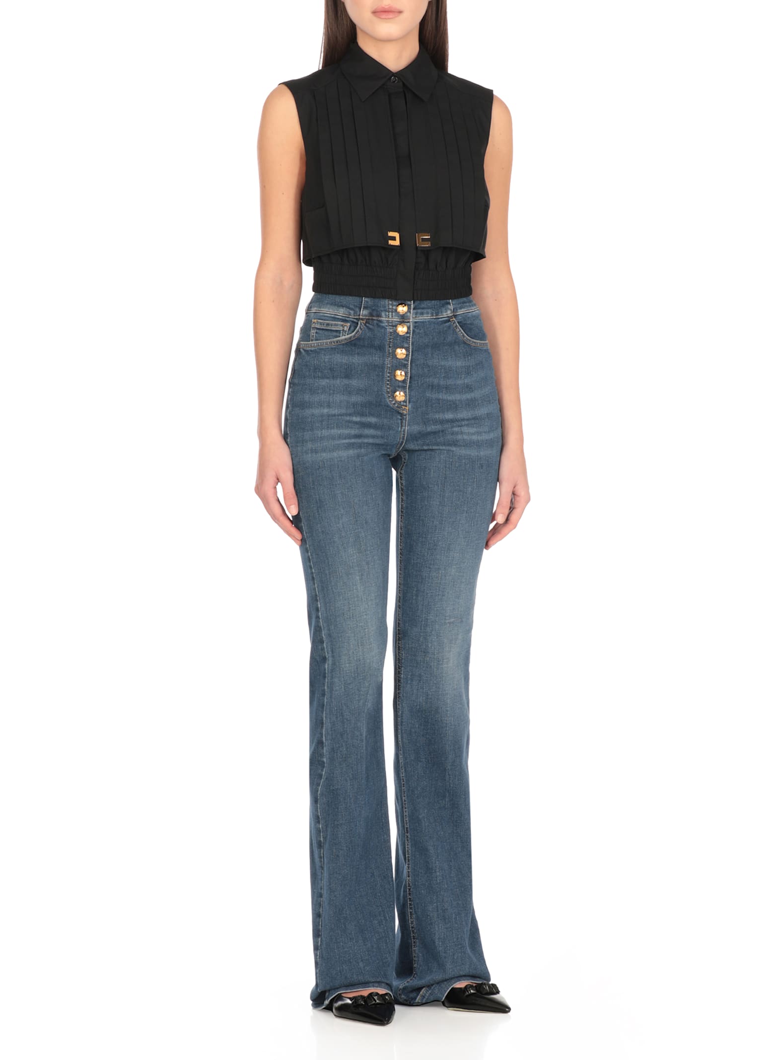 Elisabetta Franchi Cotton Cropped Shirt In Black