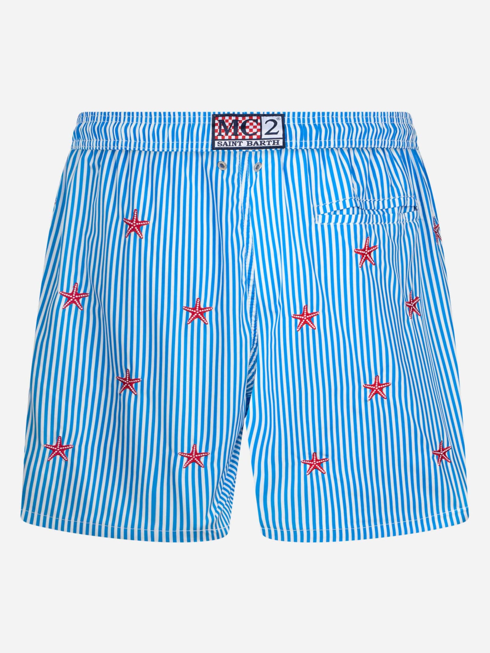 Shop Mc2 Saint Barth Man Lightweight Fabric Swim-shorts Lighting With Seastars Embroidery In Blue