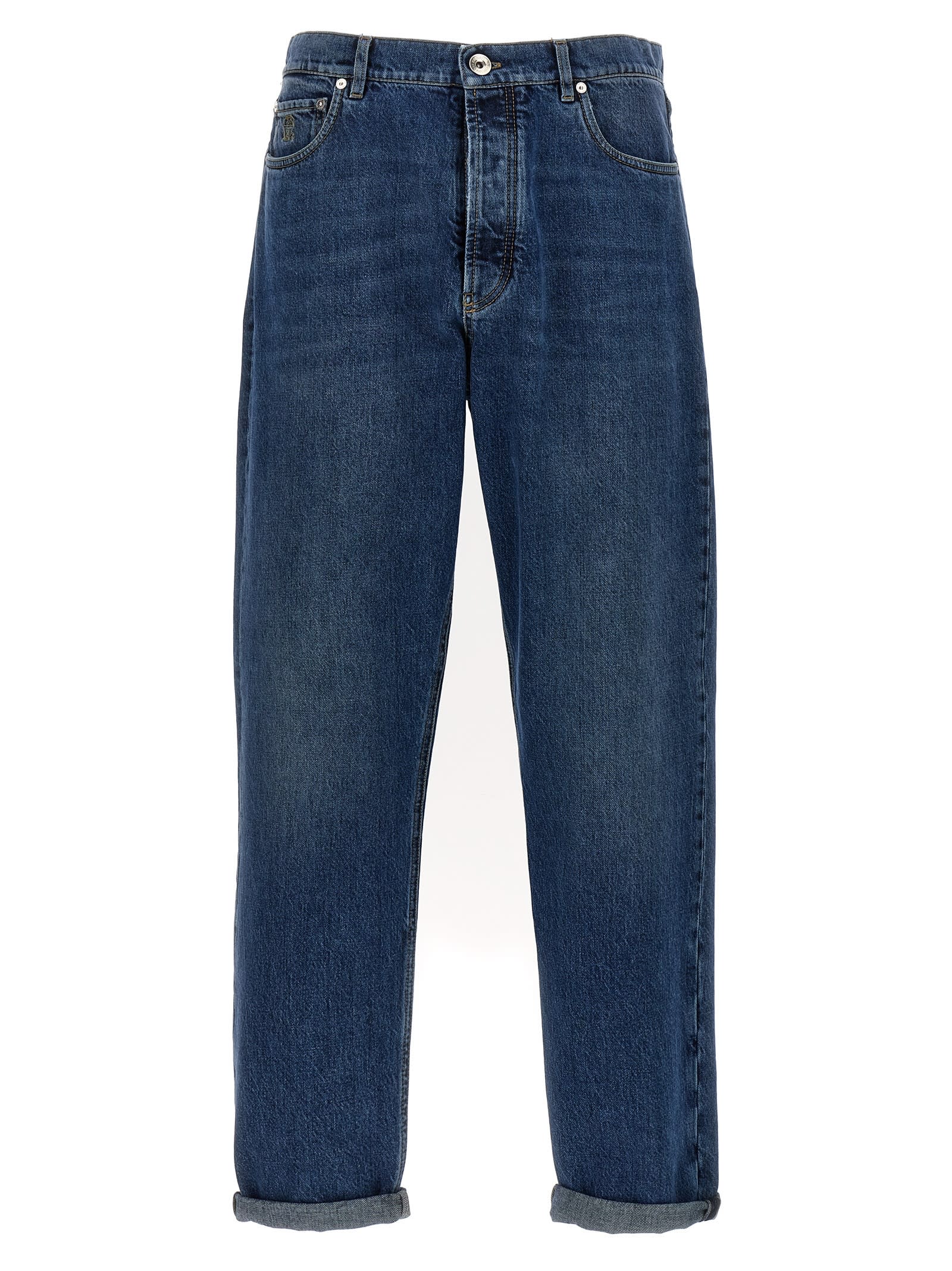 Shop Brunello Cucinelli Logo Embroidery Jeans In Blue