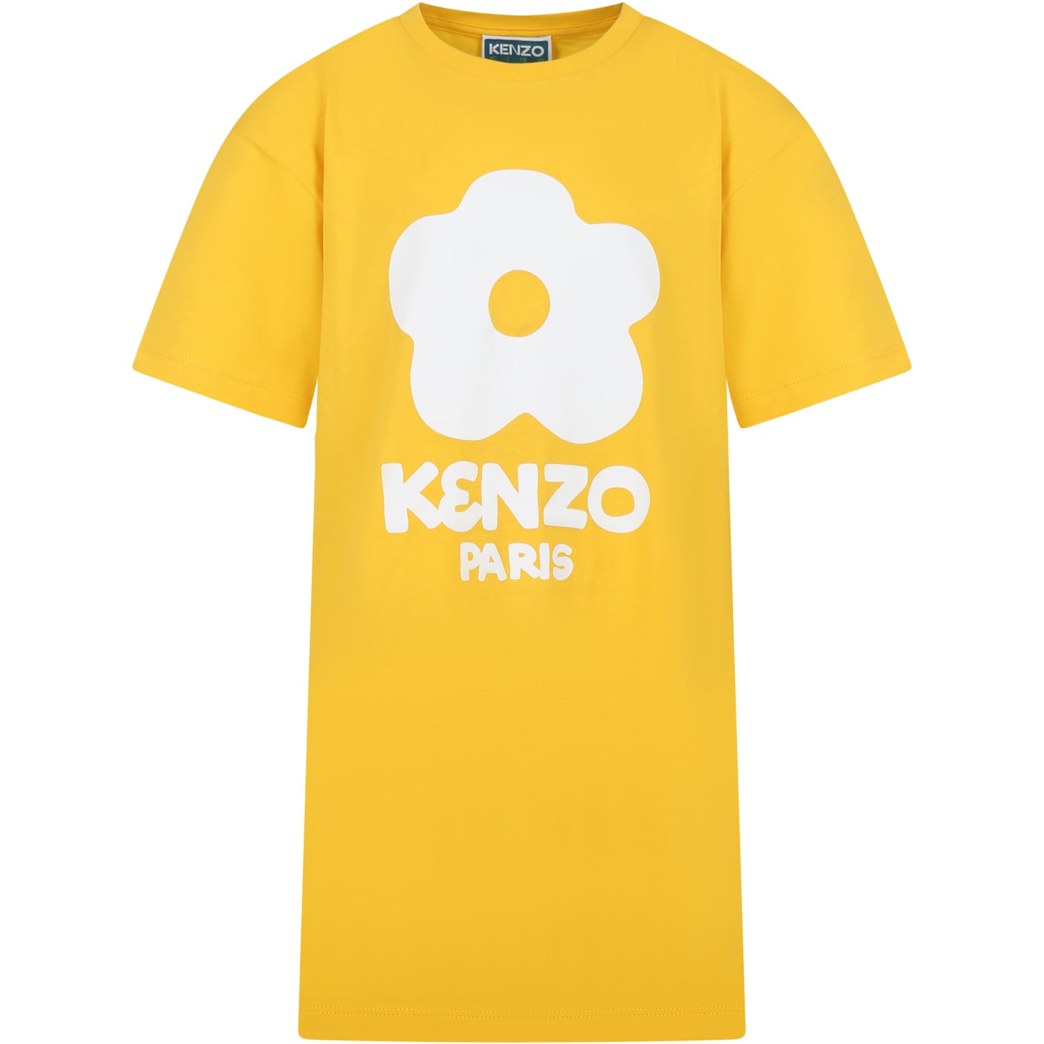 Kenzo Kids' Yellow Dress For Girl With Flower And White Logo