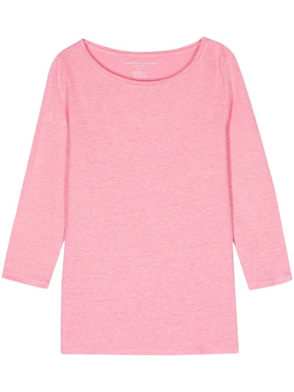 Shop Majestic 3/4 Sleeves Boat Neck T-shirt In Candy Pink