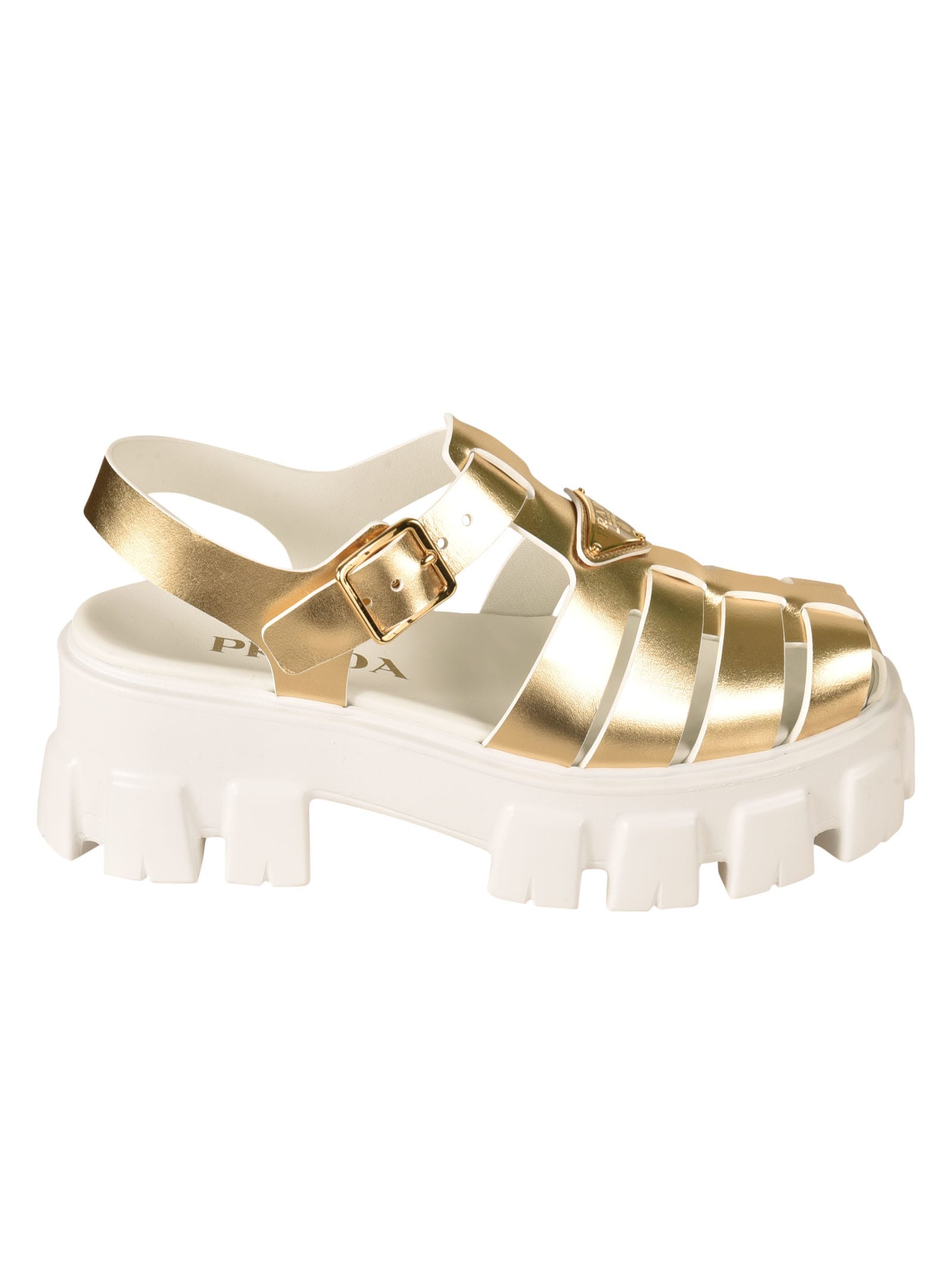 Prada Logo Plaque Embossed Buckled Sandals