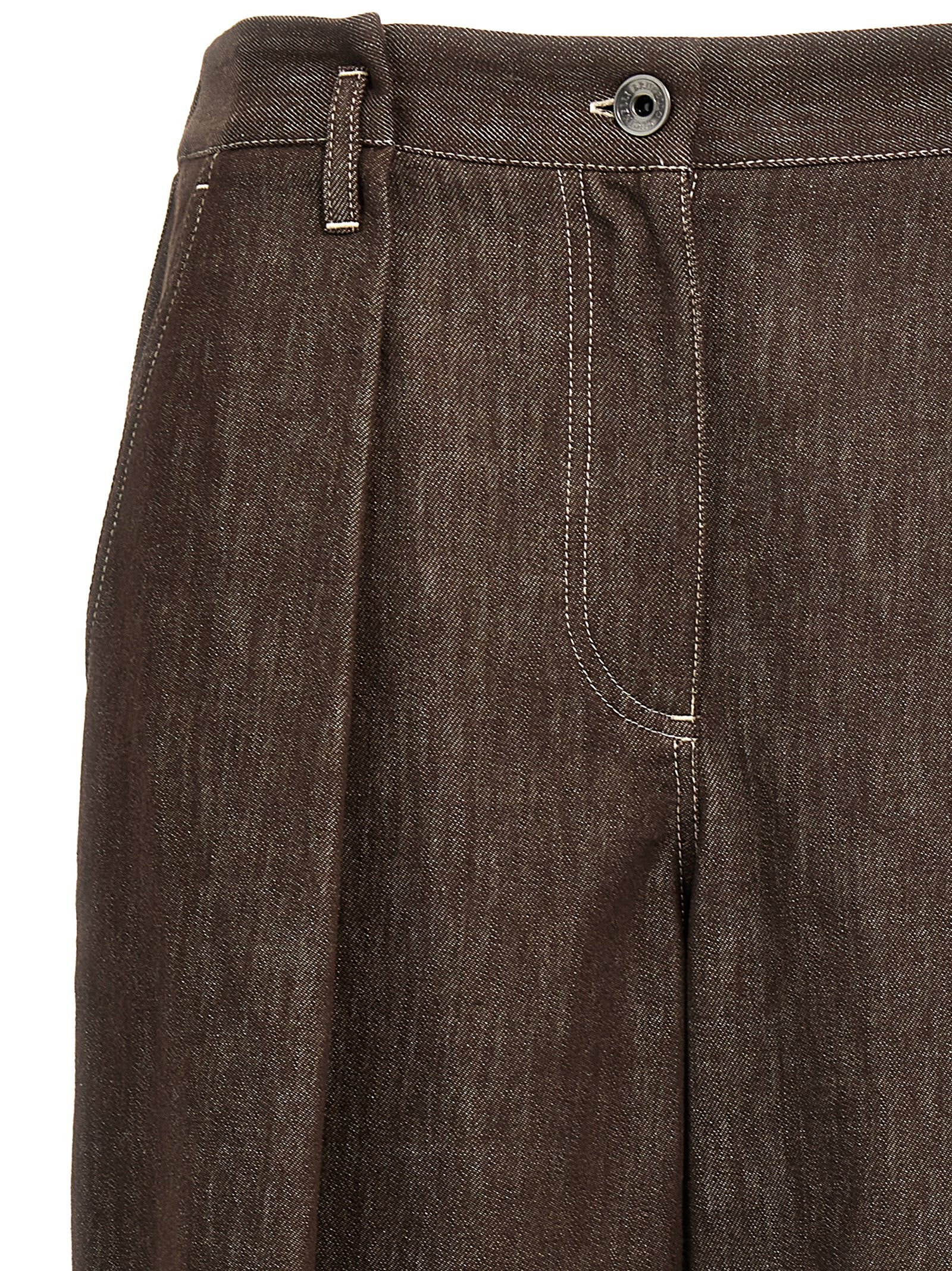 Brunello Cucinelli Cotton Denim Trousers With Back Pockets In Brown