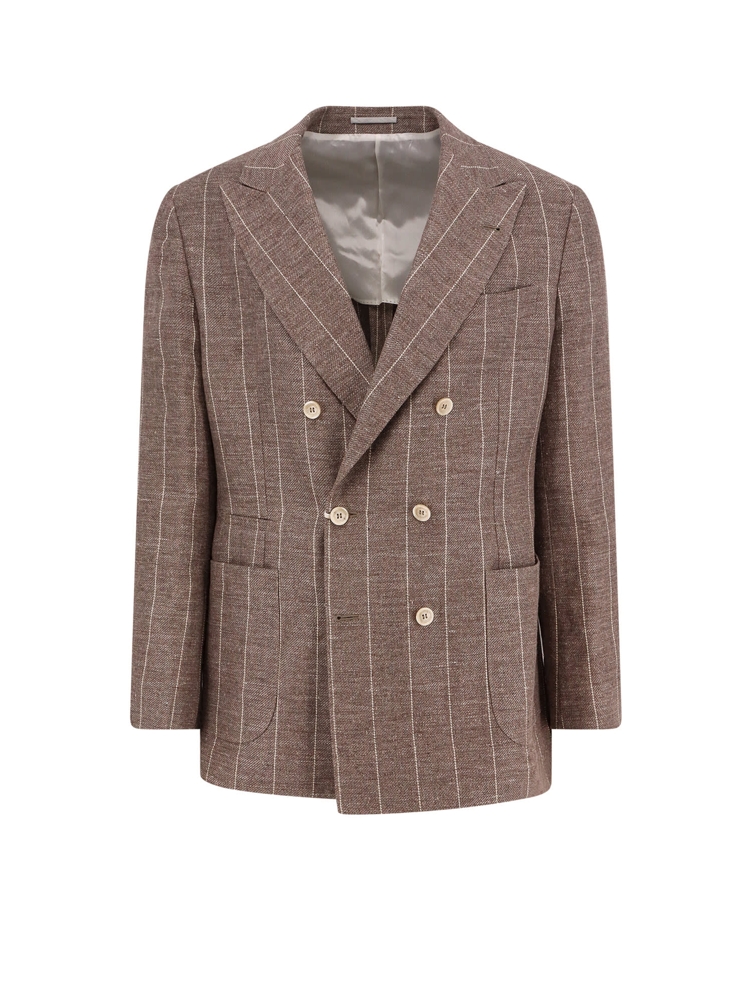 Brunello Cucinelli Deconstructed Blazer With Striped Pattern And Button Detailing In Sand