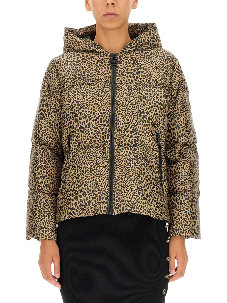 Shop Michael Kors Down Jacket With Animal Print In Brown