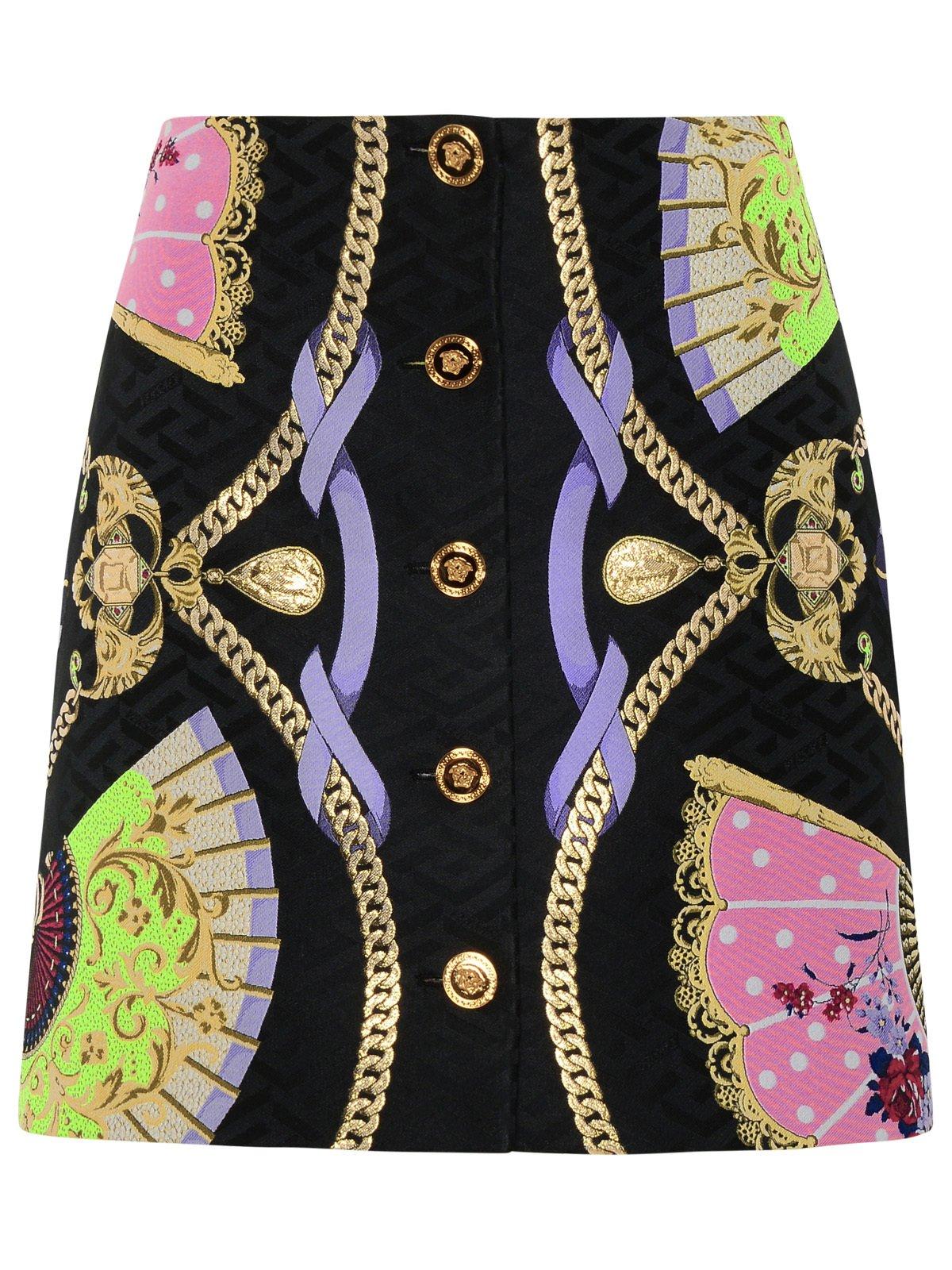Shop Versace Graphic Printed Buttoned Mini Skirt In Multicolour