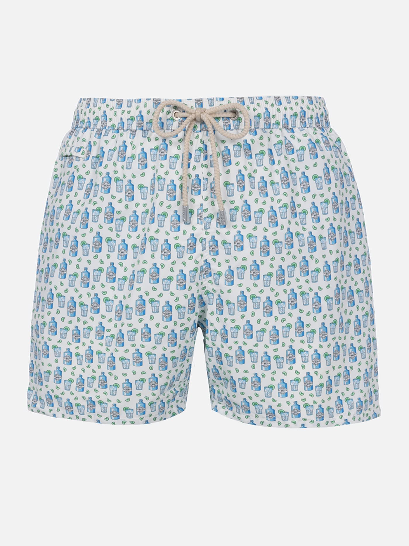 Mc2 Saint Barth Man Lightweight Fabric Swim-shorts Lighting Micro Fantasy With Gin Tonic Print In White
