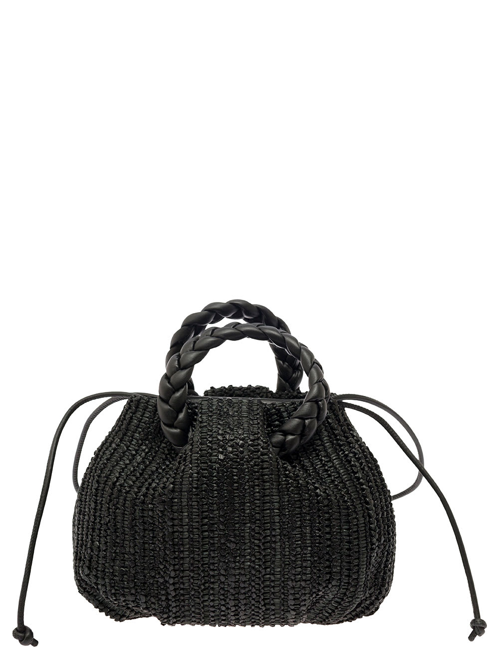 Shop Hereu Woven Bombon Black Handbag With Braided Handles In Woven Leather Woman