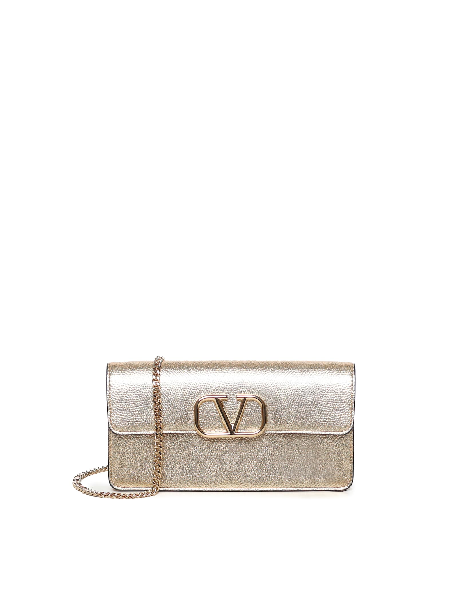 Valentino Garavani Vlogo Signature Grainy Calfskin Wallet On Chain In Grigio