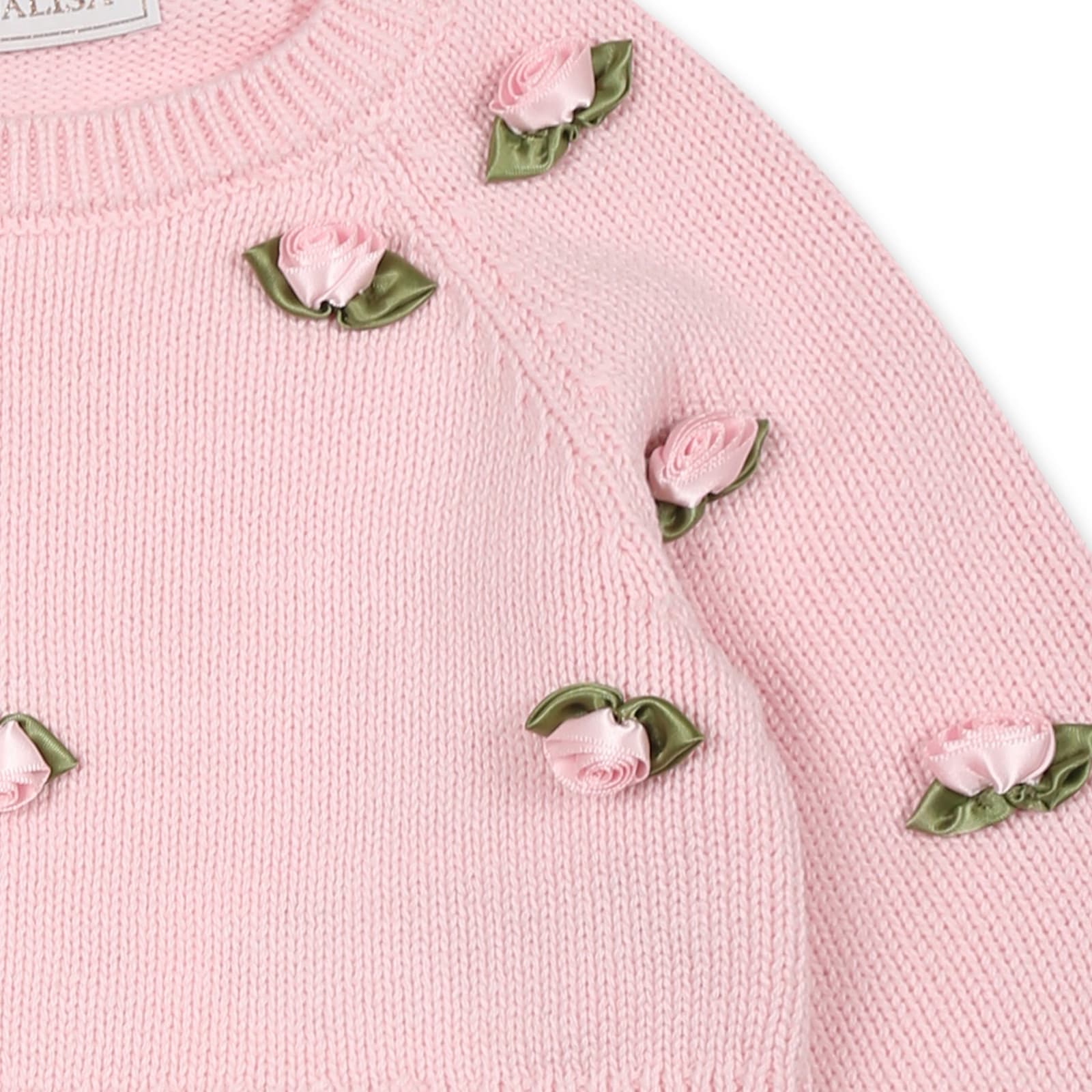 Monnalisa Pink Sweater For Baby Girl With Roses In Pink