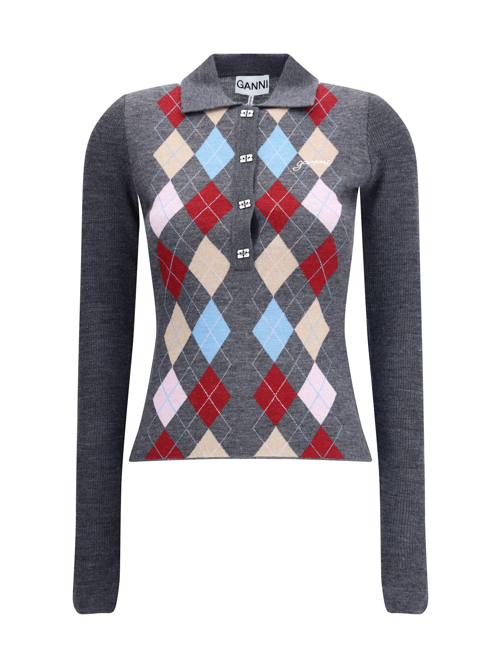 Ganni Print Polo Sweater In Multi