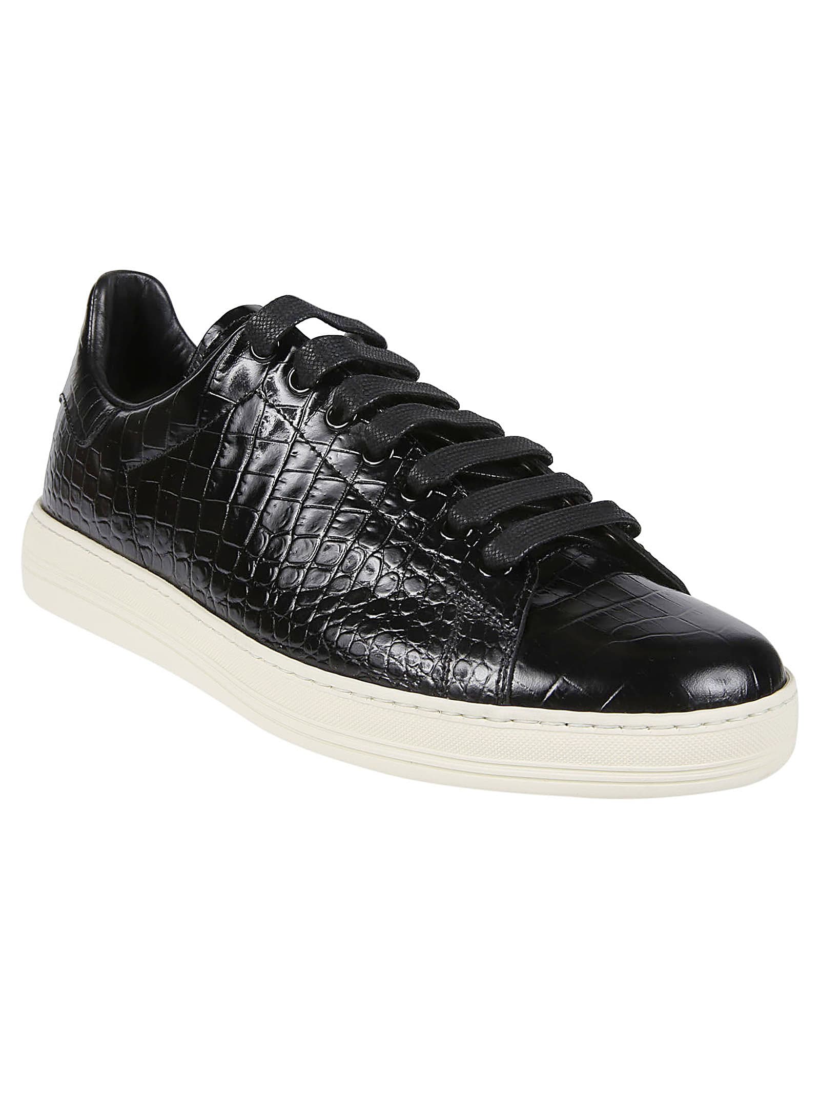 Shop Tom Ford Warwick Crocodile-effect Low Top Sneakers In Black/cream