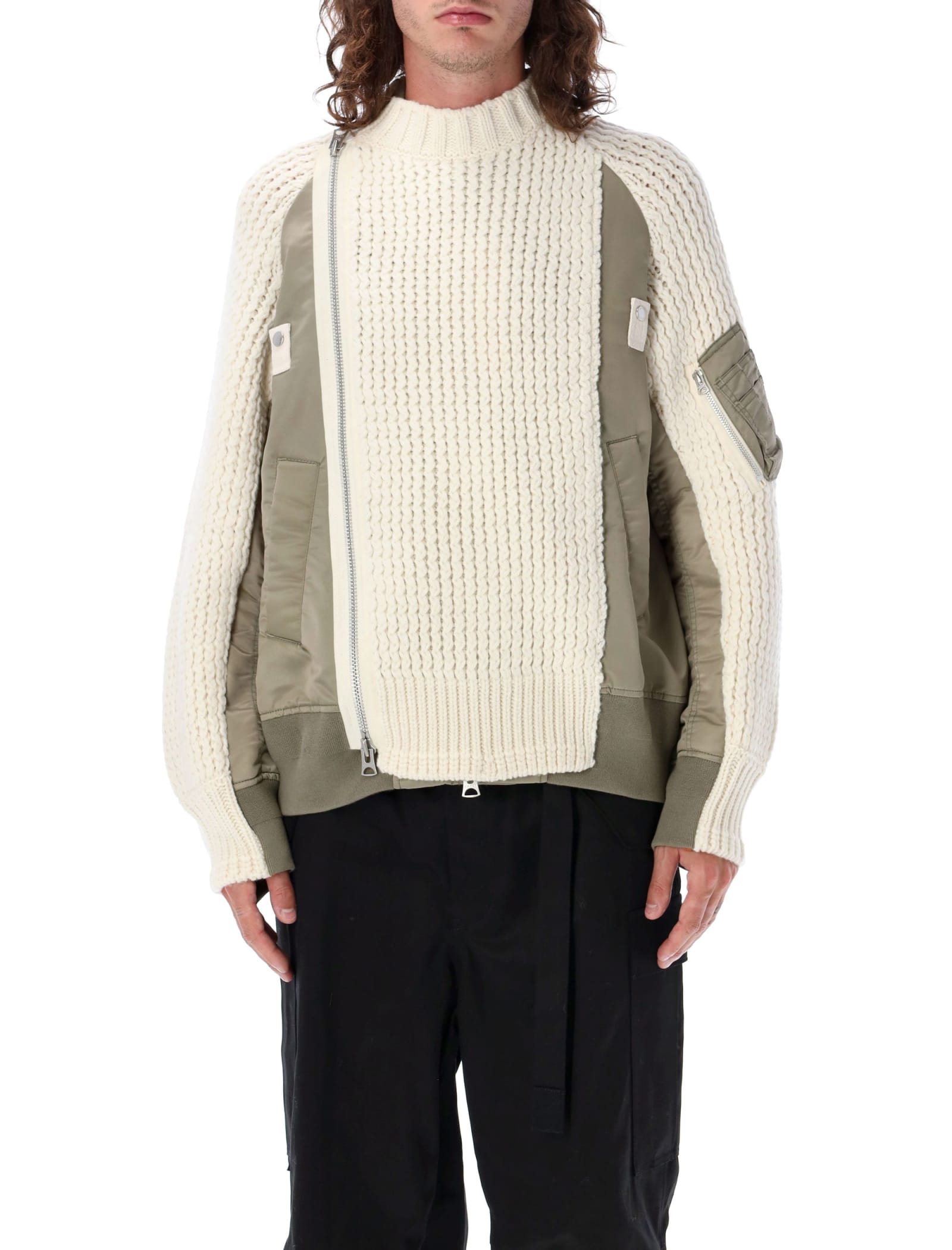 Sacai Off-white Grosgrain Mix Knit Sweater In Light Kaki Off White