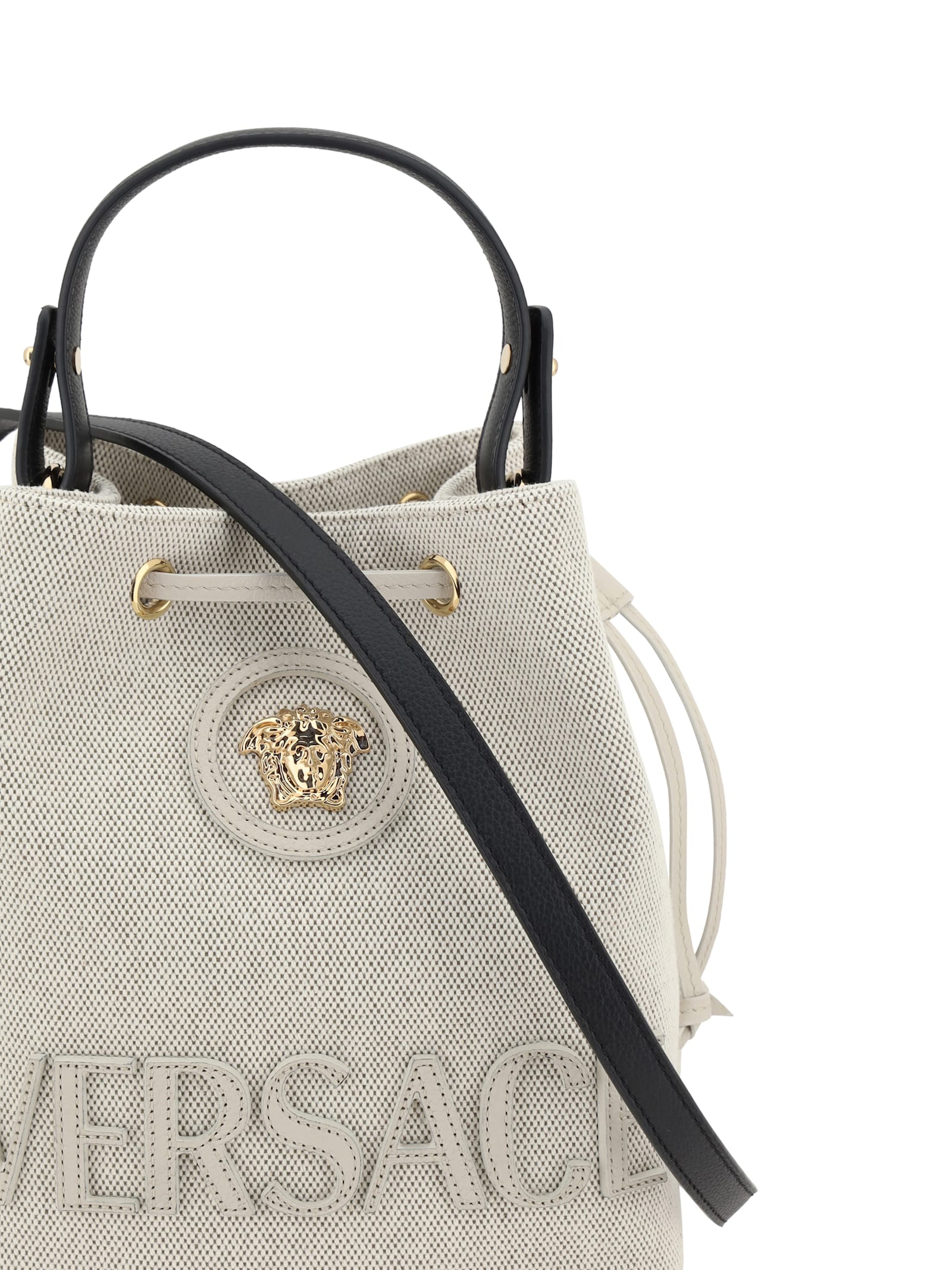 Versace Medusa-plaque Drawstring Bucket Bag In Rope+ice+black- Gold