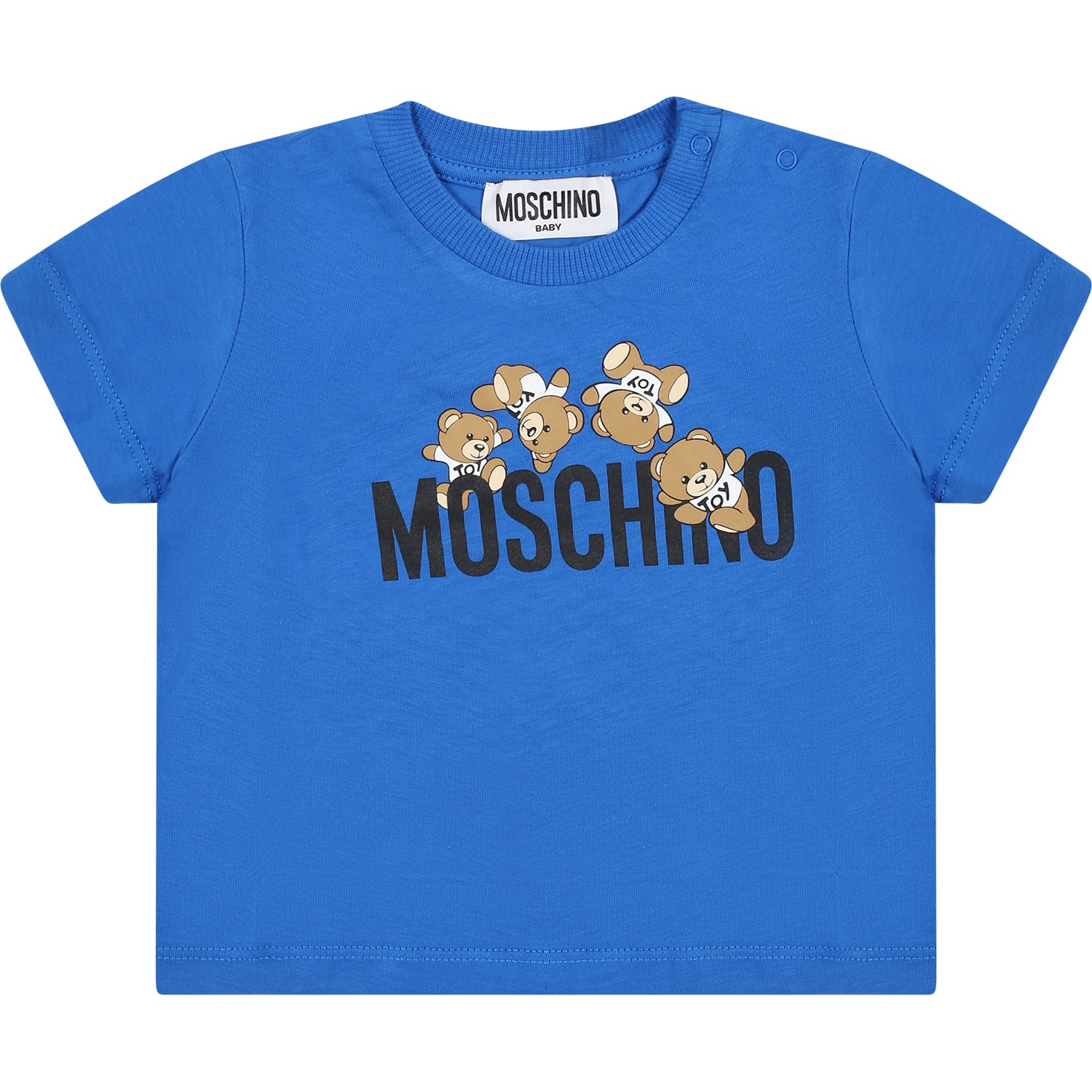 Moschino Kids' Blue T-shirt For Baby Boy With Teddy Bears And Logo