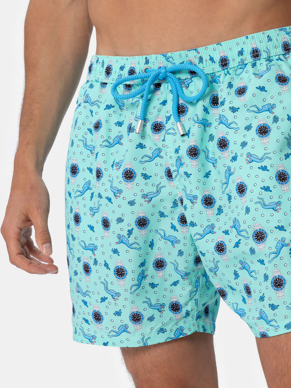 Shop Mc2 Saint Barth Man Lightweight Fabric Swim-shorts Lighting Micro Fantasy With Watches Print In Green