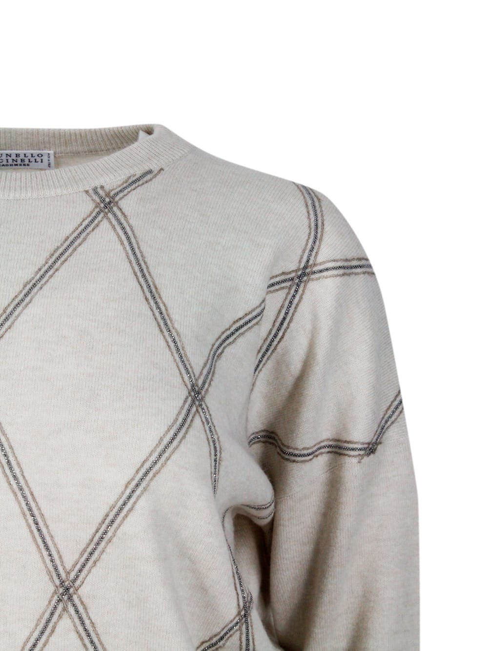 Shop Brunello Cucinelli Long-sleeved Crewneck Sweater In Fine Wool, Cashmere And Silk With Diamond Pattern Exclusive Details In Beige