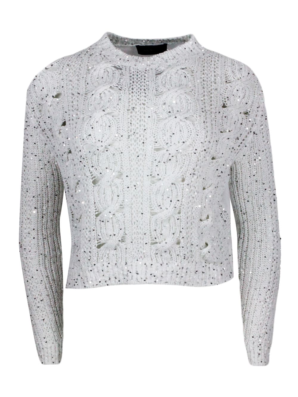 Shop Lorena Antoniazzi Long-sleeved Crew-neck Sweater In Cotton With Braided Work Embellished With Microsequins And Back Pa In White